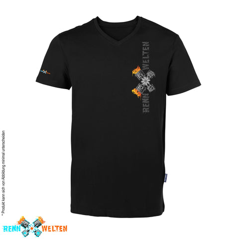 RennWelten T-Shirt mit V-Ausschnitt – Logo grau/bunt gedreht